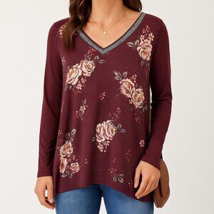 Maurices Womens 2X Burgundy Floral V-Neck Long Sleeve Stretch Tunic Blouse Top